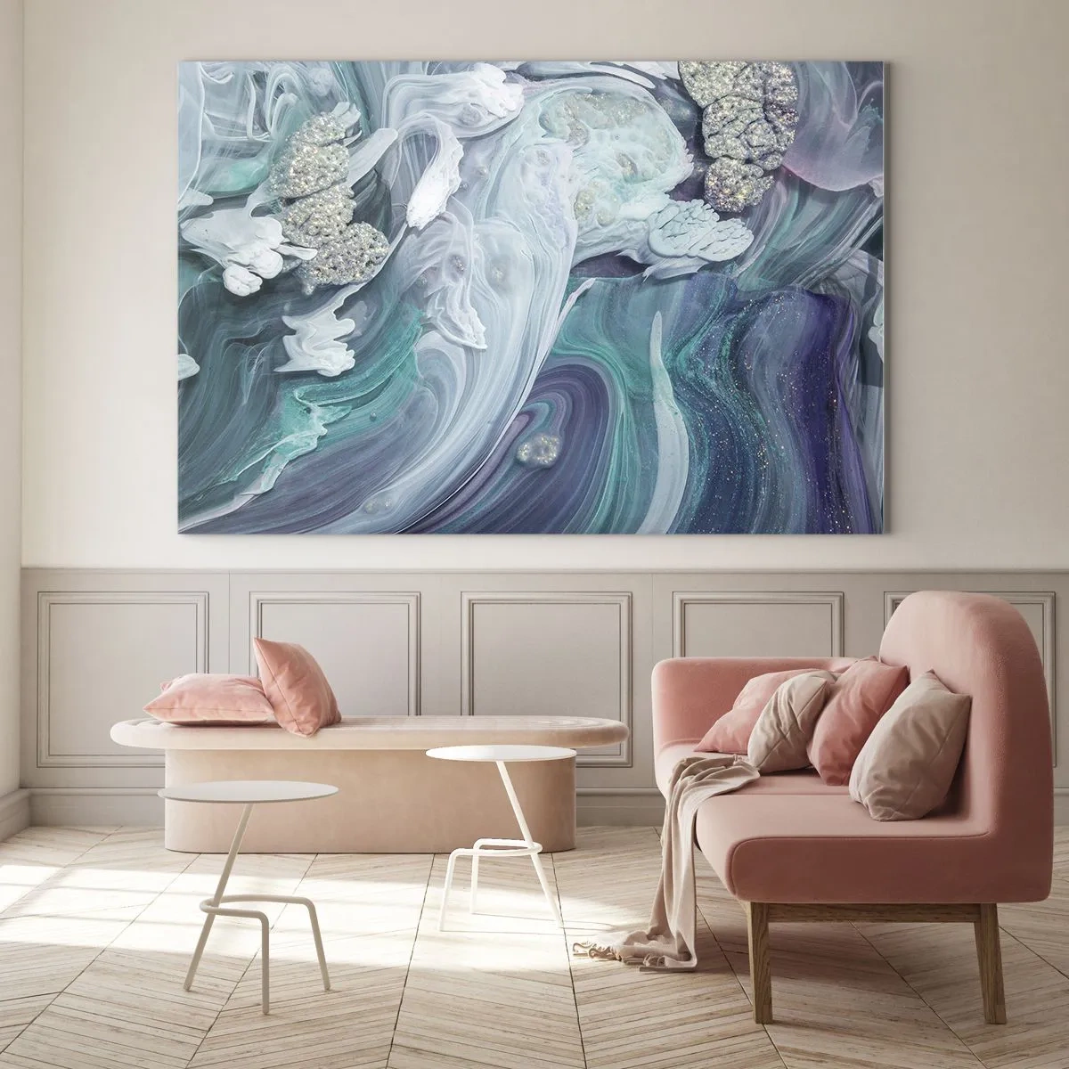 Quadro em vidro - Uma composição abstrata em tons de azul, roxo e branco. - 70x50cm - Correntes de azul - Decoração de parede moderna para a sala de estar e quarto ARTTOR