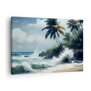 Quadro em tela - Praia tropical com palmeiras e mar agitado - 70x50cm - Em uma costa tropical - Decoração de parede moderna para a sala de estar e quarto ARTTOR