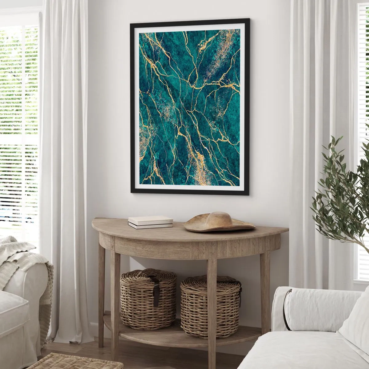 Pôster com moldura preta - Veios dourados abstratos sobre fundo de mármore verde - 50x70cm - Veia dourada - Decoração de parede moderna para a sala de estar e quarto ARTTOR