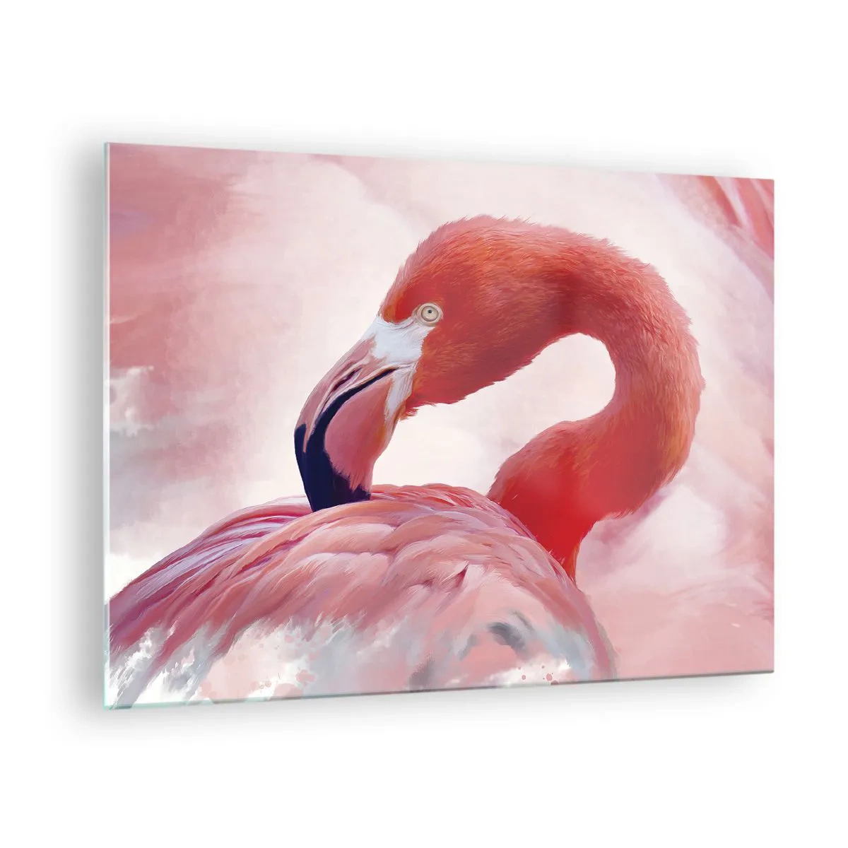 Quadro em vidro - Um flamingo rosa vira graciosamente para o lado - 70x50cm - Beleza das aves - Decoração de parede moderna para a sala de estar e quarto ARTTOR