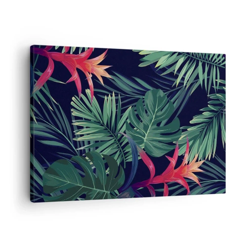 Quadro em tela - Folhas e flores tropicais em um fundo escuro - 70x50cm - Queimar em verde - Decoração de parede moderna para a sala de estar e quarto ARTTOR