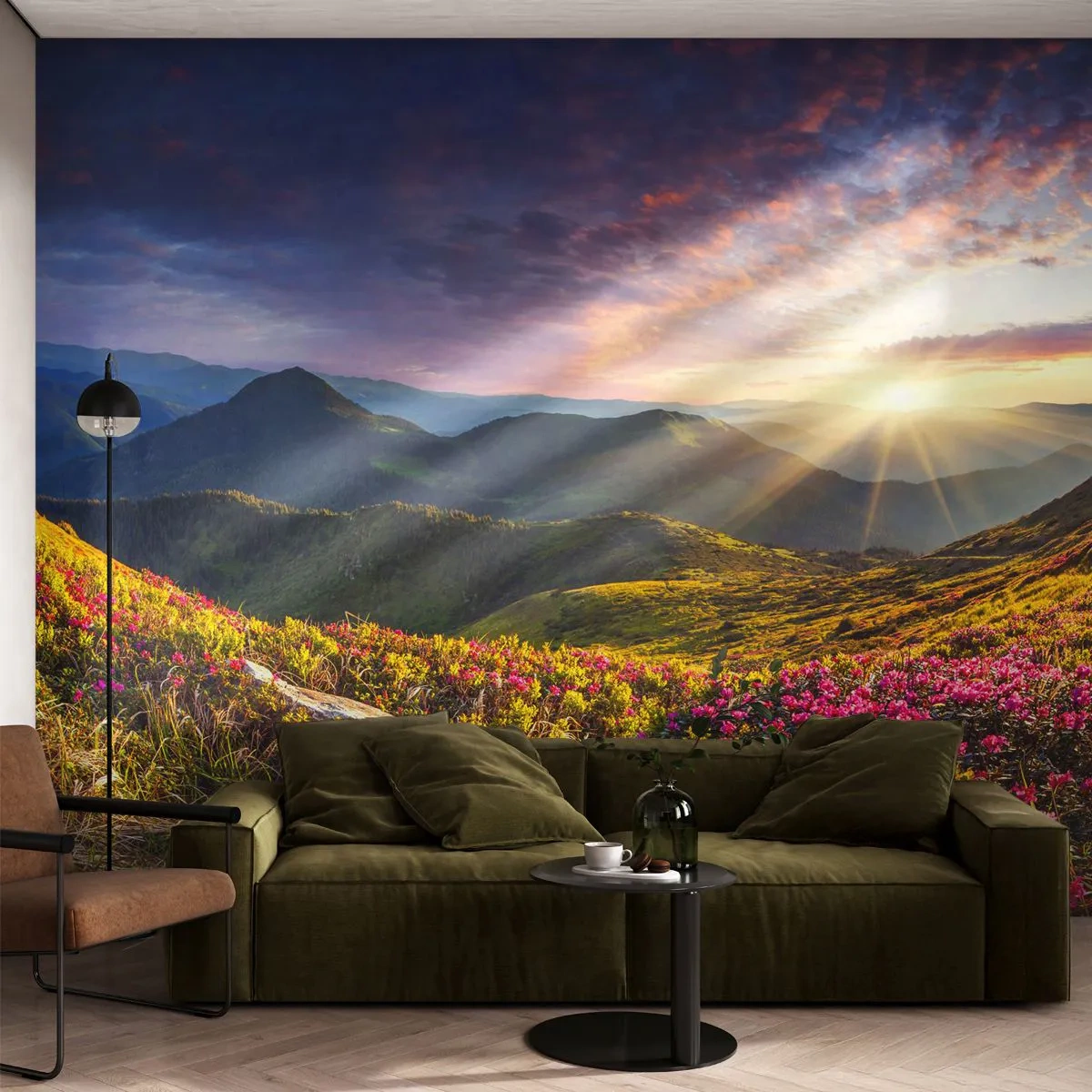 Papel de Parede Standard Eco - A frescura de uma manhã nas montanhas - Paisagem, Montanhas, Flores - 200x140 cm