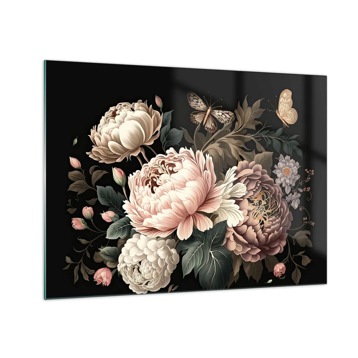 Quadro em vidro - Composição floral com borboletas em fundo preto - 70x50cm - Em estilo barroco - Decoração de parede moderna para a sala de estar e quarto ARTTOR