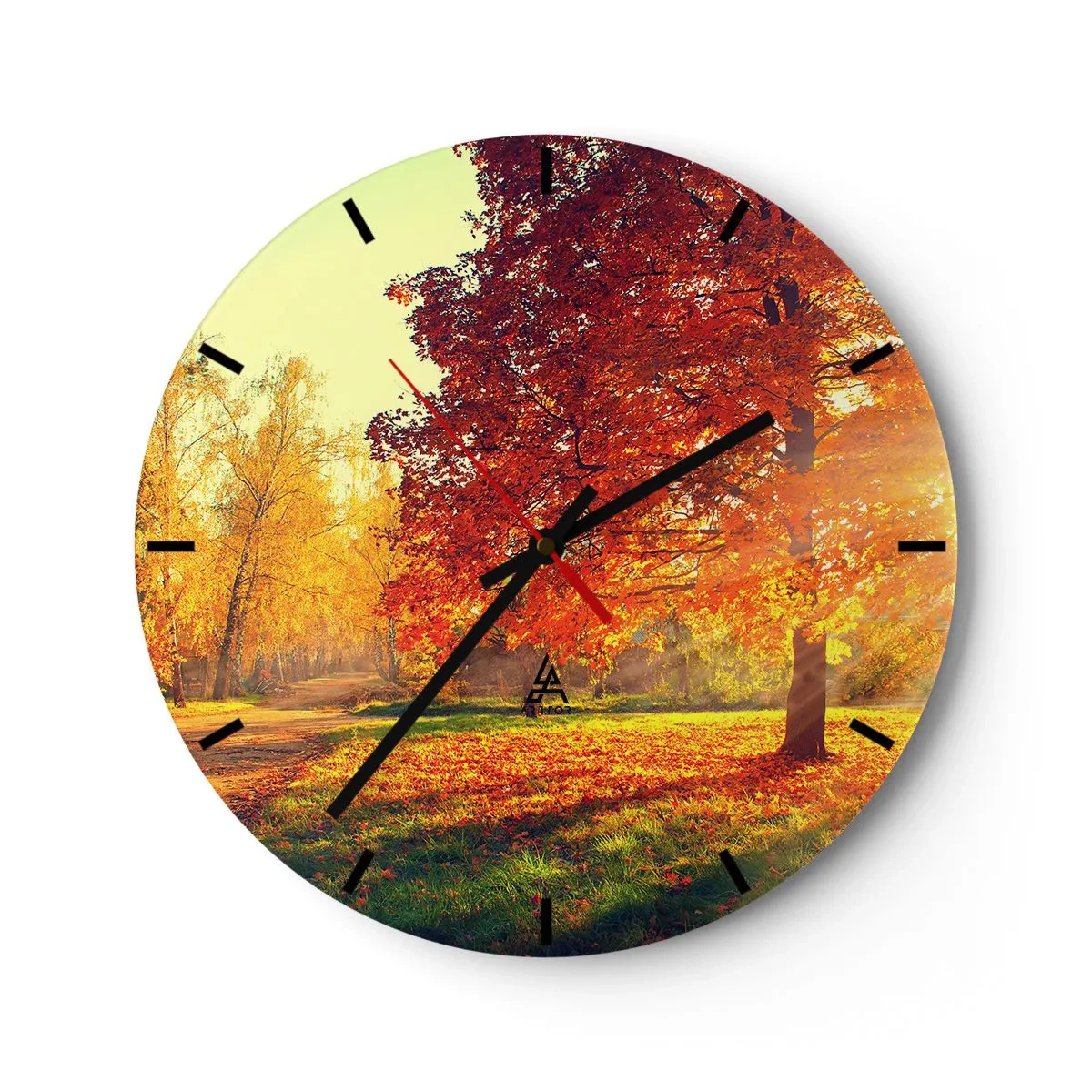 Relógio de parede - Relógio em vidro - Paisagem de outono com uma árvore com folhas vermelhas no parque - 30x30cm - O vermelho é lindo - Decoração de parede moderna para a sala de estar, cozinha e quarto ARTTOR