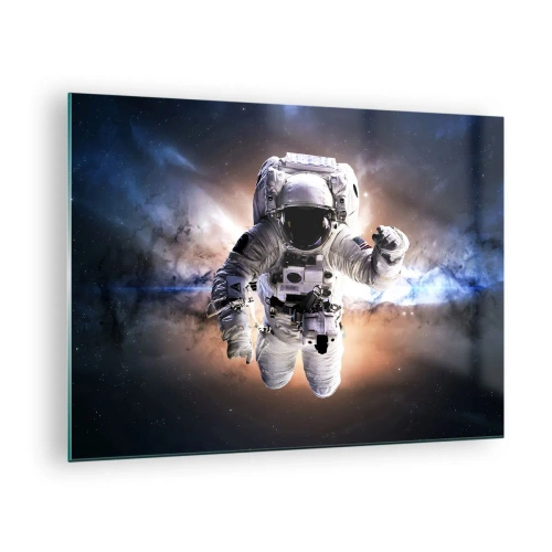 Quadro em vidro - Astronauta no espaço com uma galáxia ao fundo - 70x50cm - Saudações do espaço - Decoração de parede moderna para a sala de estar e quarto ARTTOR