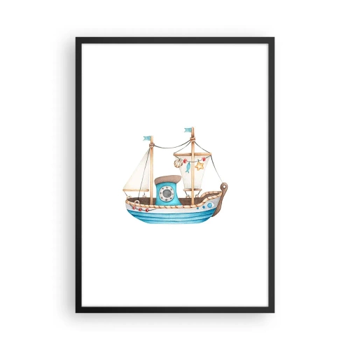 Pôster com moldura preta - Navio em aquarela em tons pastéis de azul e bege - 50x70cm - Vamos a isso! - Decoração de parede moderna para a sala de estar e quarto ARTTOR