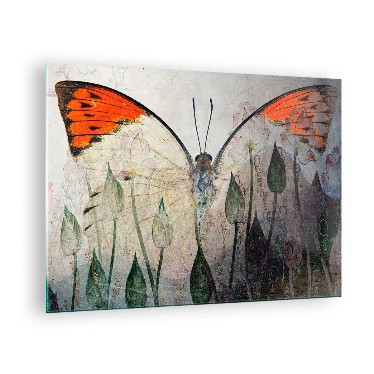 Quadro em vidro - Uma borboleta artística cercada por flores delicadas em um fundo cinza. - 70x50cm - Onde a borboleta se esconde na relva - Decoração de parede moderna para a sala de estar e quarto ARTTOR