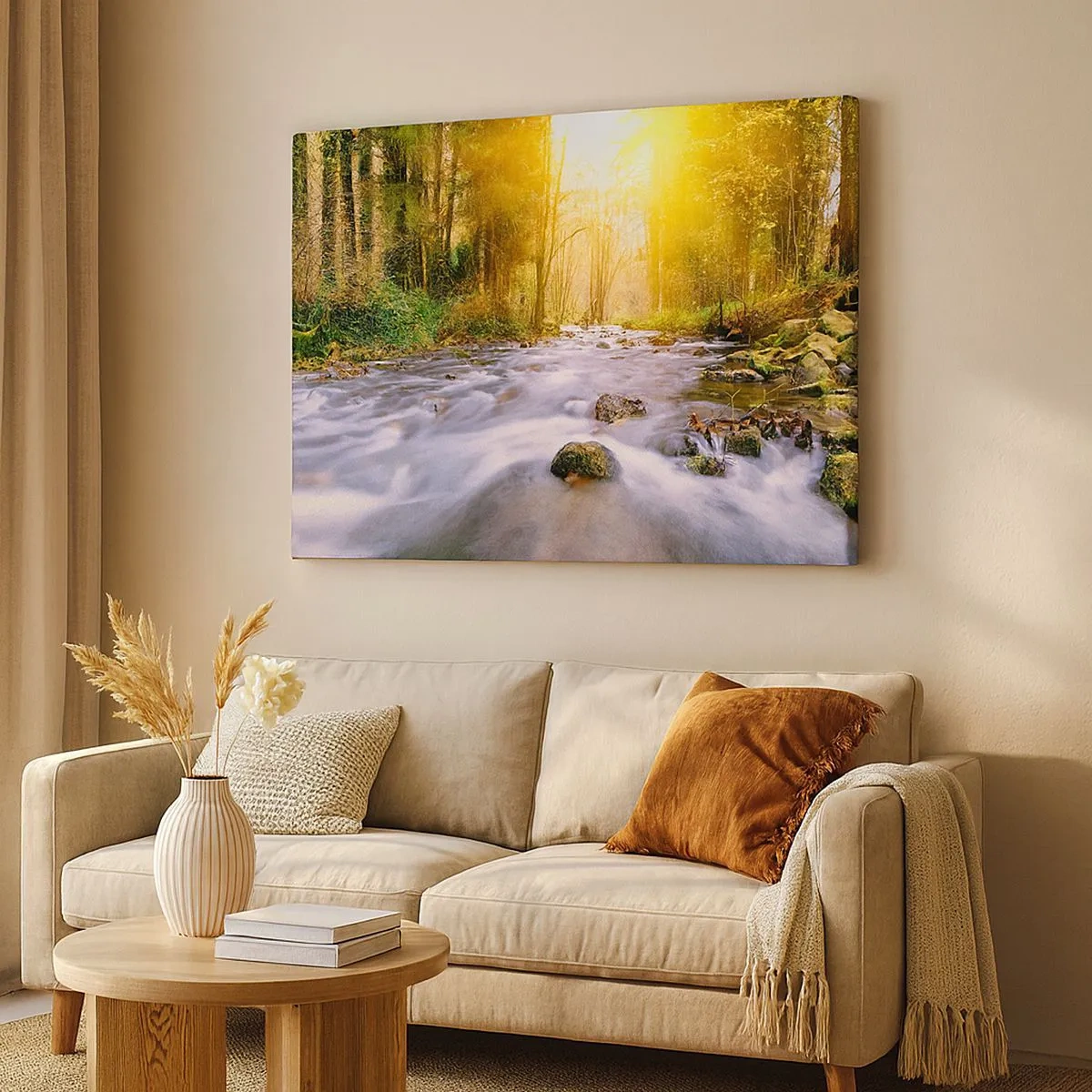 Quadro em tela - Um riacho na floresta iluminado pelos raios do sol - 70x50cm - Malaquita em um cenário de ouro e prata - Decoração de parede moderna para a sala de estar e quarto ARTTOR