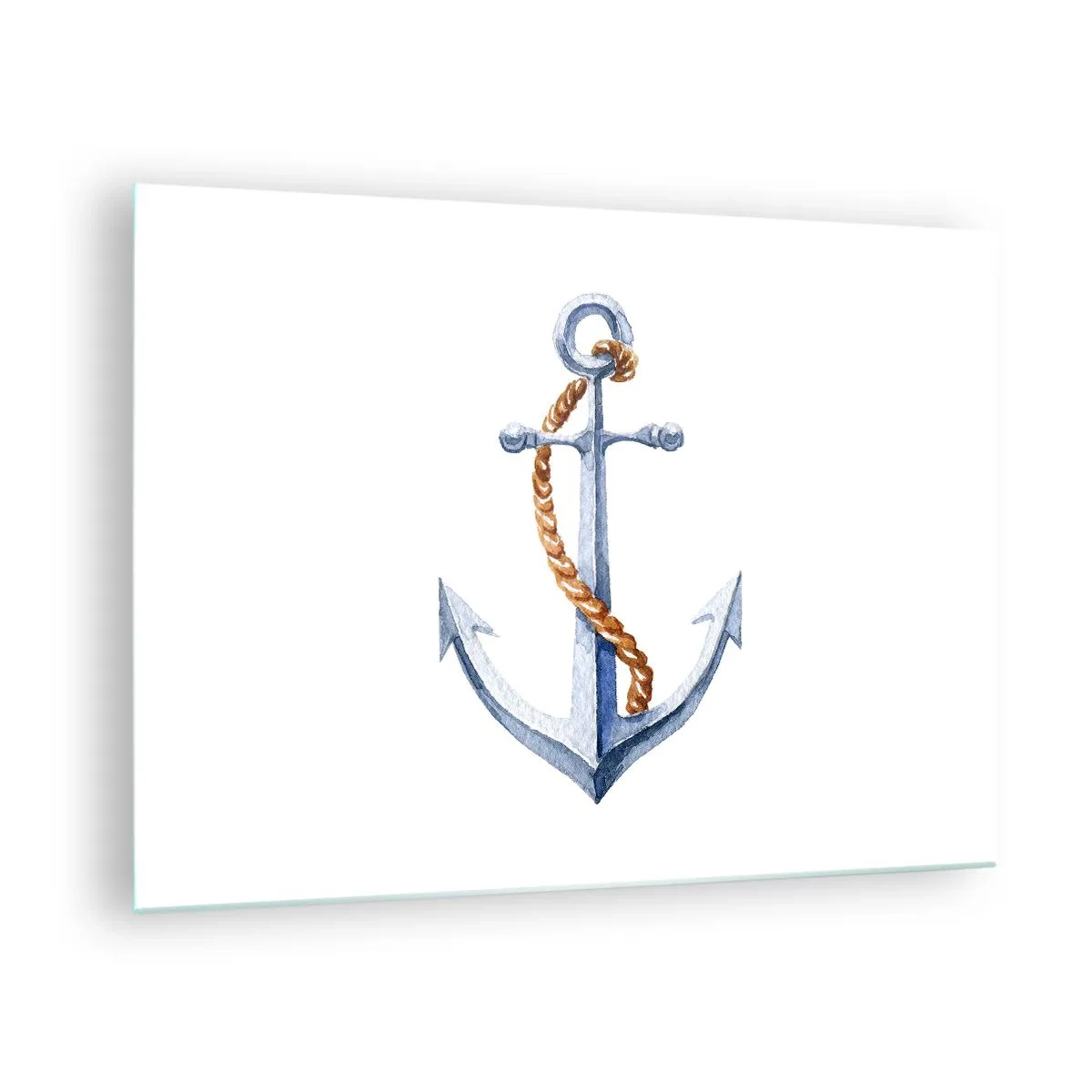 Quadro em vidro - Âncora com corda em estilo náutico - 70x50cm - Ahoy aventura! - Decoração de parede moderna para a sala de estar e quarto ARTTOR