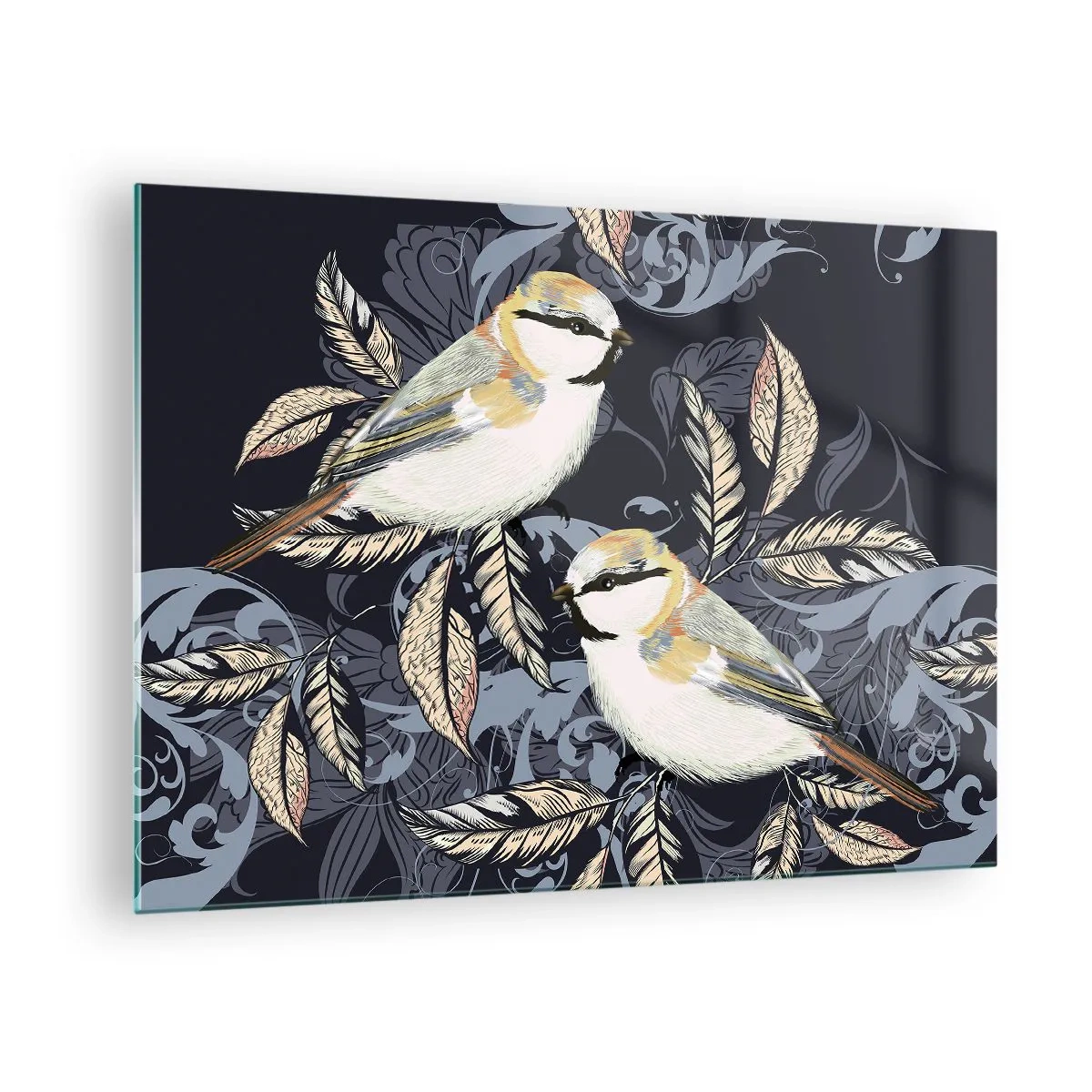 Quadro em vidro - Ilustração de dois pássaros em um fundo escuro com enfeites - 70x50cm - Canto amarelo-azul - Decoração de parede moderna para a sala de estar e quarto ARTTOR