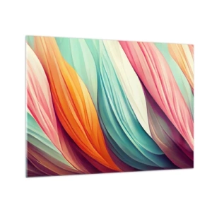 Quadro em vidro - Uma trama colorida de listras abstratas em tons pastéis - 70x50cm - Tecido arco-íris - Decoração de parede moderna para a sala de estar e quarto ARTTOR