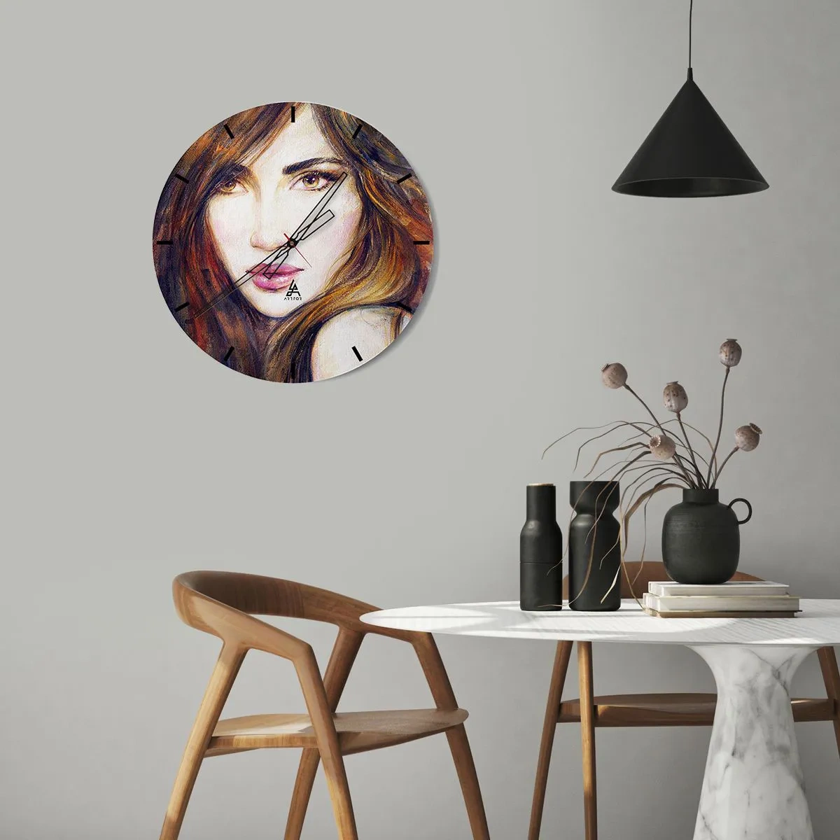 Relógio de parede - Relógio em vidro - Retrato de uma mulher em estilo artístico e pictórico - 30x30cm - O que estás a pensar - Decoração de parede moderna para a sala de estar, cozinha e quarto ARTTOR