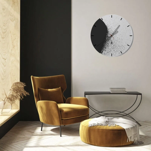 Relógio de parede - Relógio em vidro - Padrão abstrato preto e branco com pontos espalhados - 30x30cm - Movimento das moléculas - Decoração de parede moderna para a sala de estar, cozinha e quarto ARTTOR