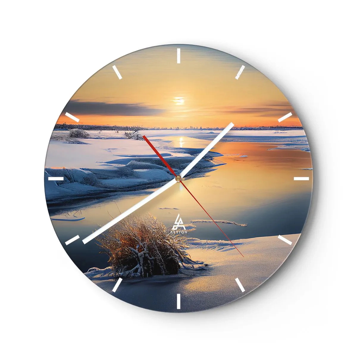 Relógio de parede - Relógio em vidro - Paisagem de inverno com um rio e o pôr do sol - 30x30cm - Pôr do sol de inverno - Decoração de parede moderna para a sala de estar, cozinha e quarto ARTTOR