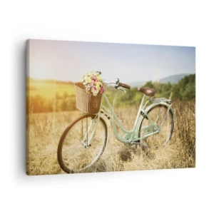 Quadro em tela - Uma bicicleta retrô com uma cesta cheia de flores sobre um fundo de campo. - 70x50cm - Vou ficar aqui por um tempo - Decoração de parede moderna para a sala de estar e quarto ARTTOR