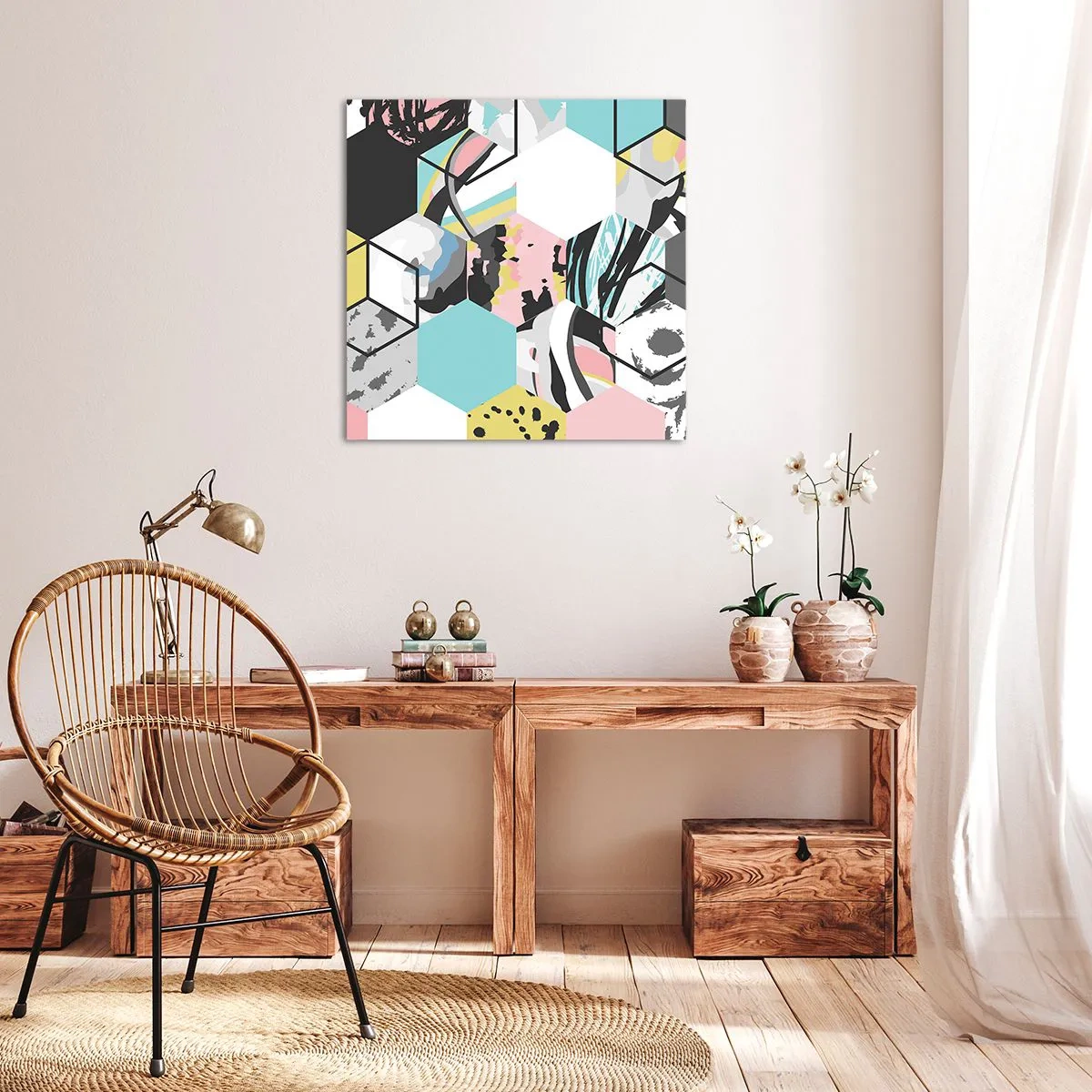 Quadro em tela - Hexágonos e cubos em seis cores - 60x60 cm