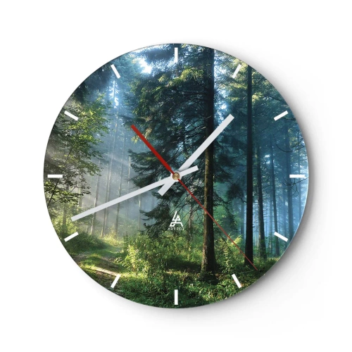 Relógio de parede - Relógio em vidro - Névoa matinal na floresta com raios de sol - 30x30cm - Radiante de manhã - Decoração de parede moderna para a sala de estar, cozinha e quarto ARTTOR