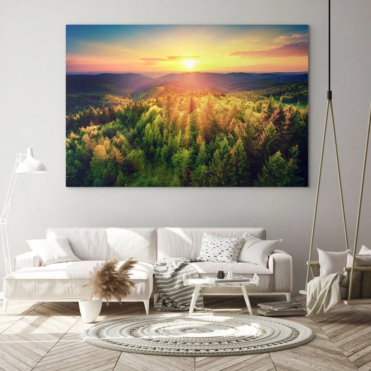 Quadro em vidro - Pôr do sol sobre uma floresta montanhosa com vista para os vales - 70x50cm - Picos e cumes - Decoração de parede moderna para a sala de estar e quarto ARTTOR