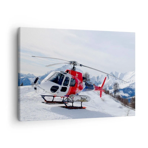 Quadro em tela - Um helicóptero vermelho em uma paisagem de montanha nevada. - 70x50cm - Sempre pronto - Decoração de parede moderna para a sala de estar e quarto ARTTOR