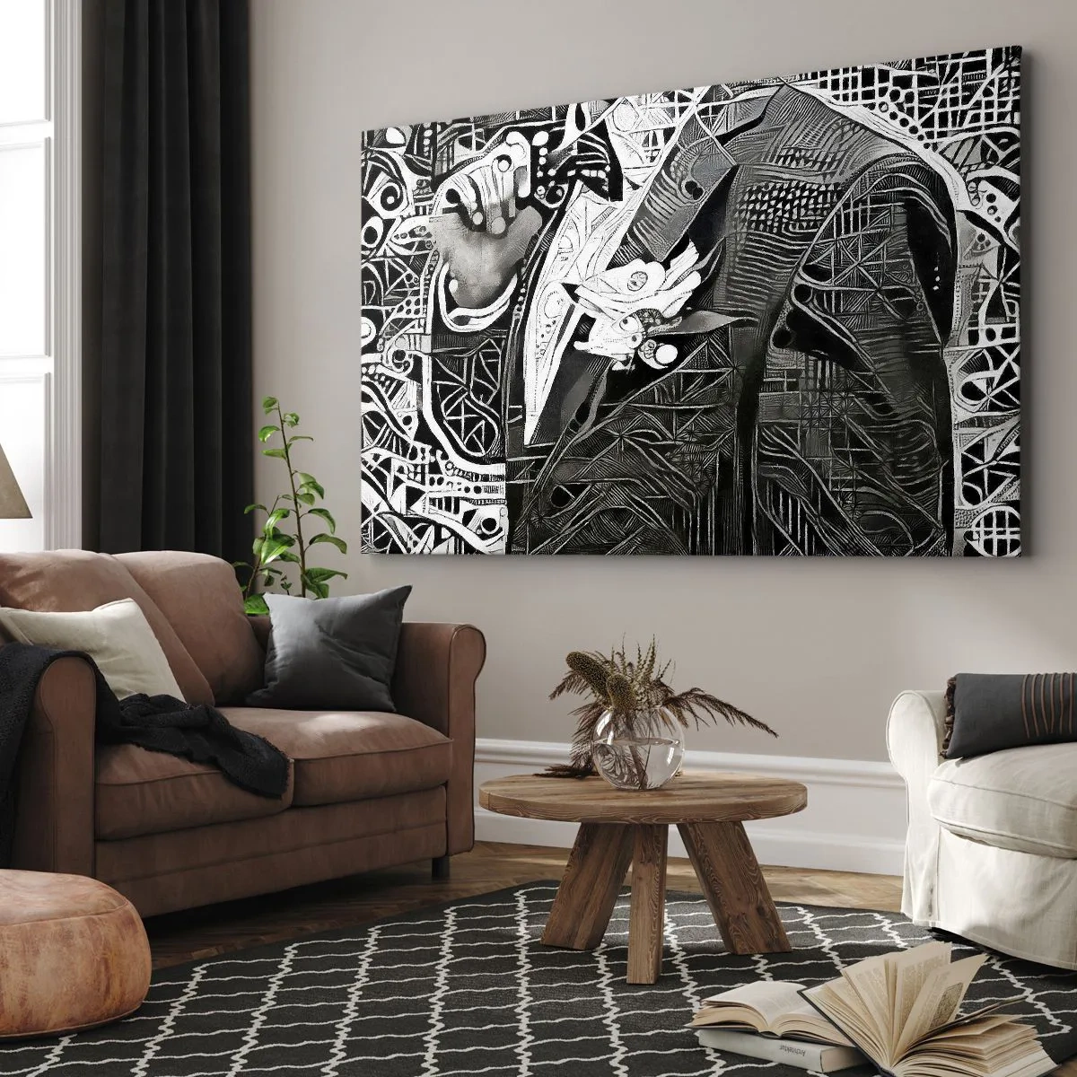 Quadro em tela - Abstração elegante de um homem de terno em preto e branco - 70x50cm - Aparentemente apenas uma pessoa qualquer - Decoração de parede moderna para a sala de estar e quarto ARTTOR