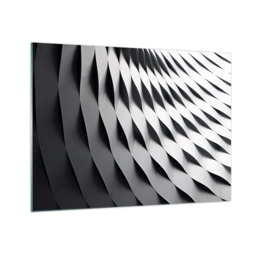 Quadro em vidro - Uma estrutura abstrata em preto e branco que lembra formas onduladas. - 70x50cm - Na superfície das ondas - Decoração de parede moderna para a sala de estar e quarto ARTTOR