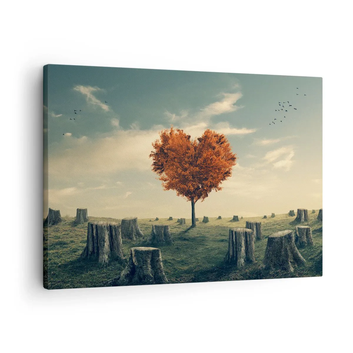 Quadro em tela - Uma árvore em forma de coração em um campo de tocos, um símbolo de esperança - 70x50cm - Ainda há esperança - Decoração de parede moderna para a sala de estar e quarto ARTTOR