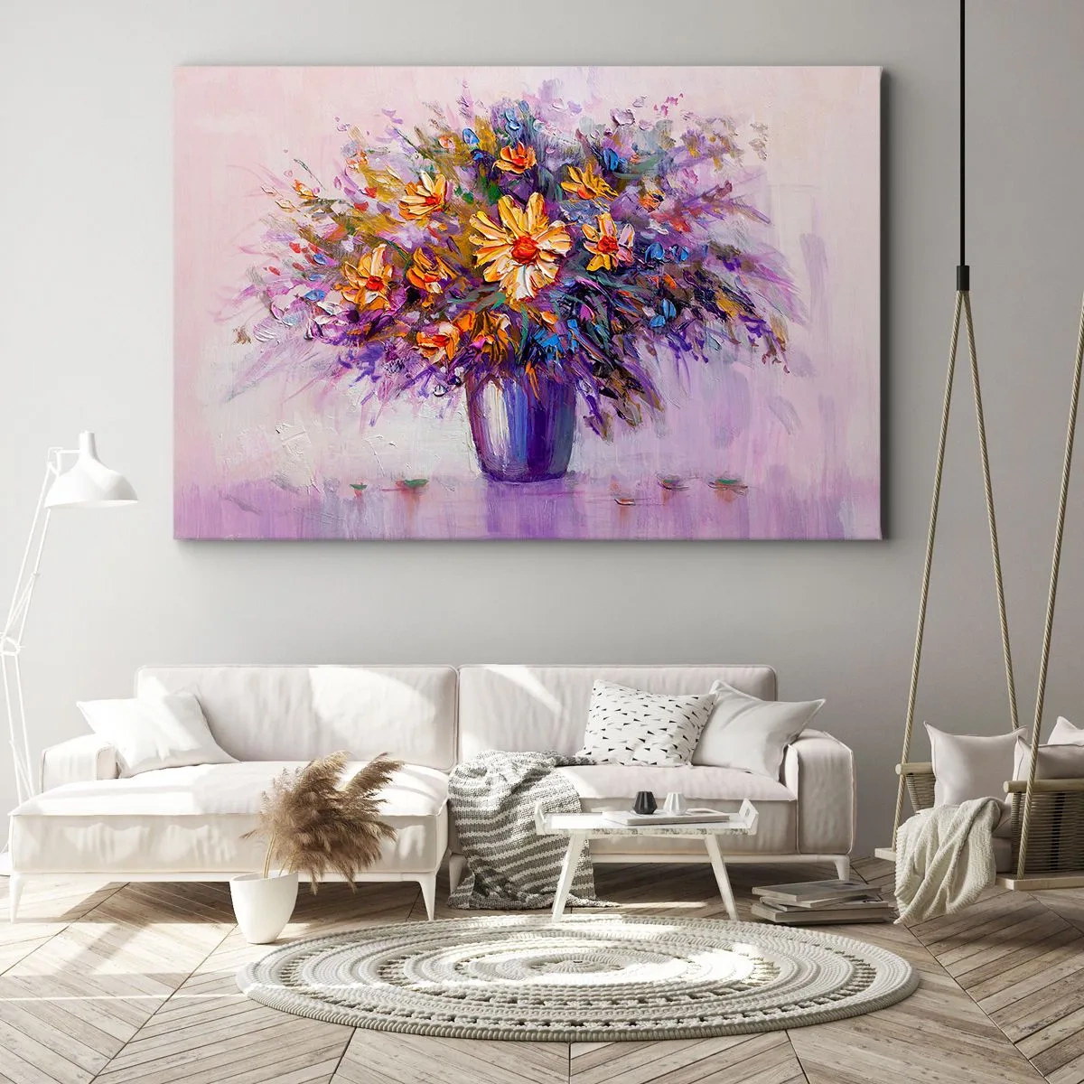 Quadro em tela - Um buquê de flores em um vaso sobre um fundo pastel - 70x50cm - Cheiro agradável, aparência agradável - Decoração de parede moderna para a sala de estar e quarto ARTTOR