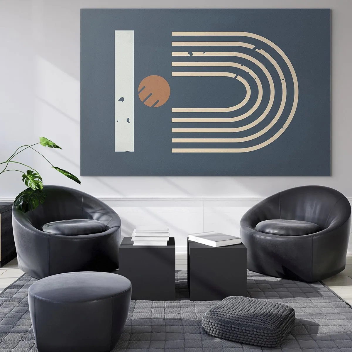 Quadro em vidro - Composição geométrica retrô em fundo escuro - 70x50cm - Geometria em azul marinho - Decoração de parede moderna para a sala de estar e quarto ARTTOR