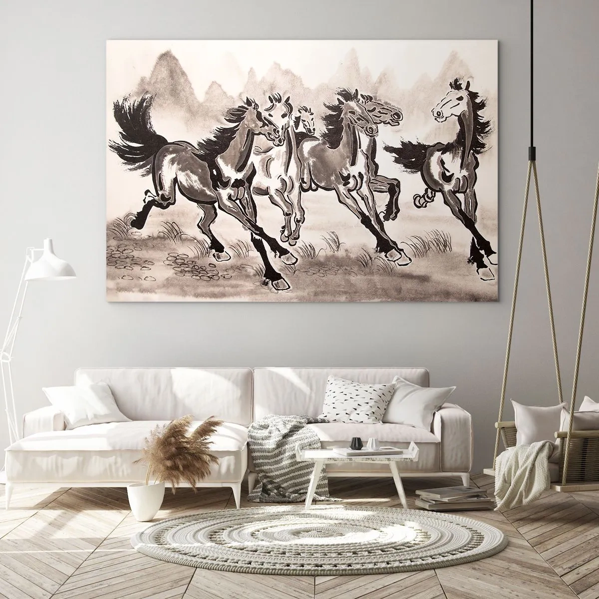 Quadro em vidro - Um grupo de cavalos galopando no estilo chinês - 70x50cm - Num galope alegre - Decoração de parede moderna para a sala de estar e quarto ARTTOR