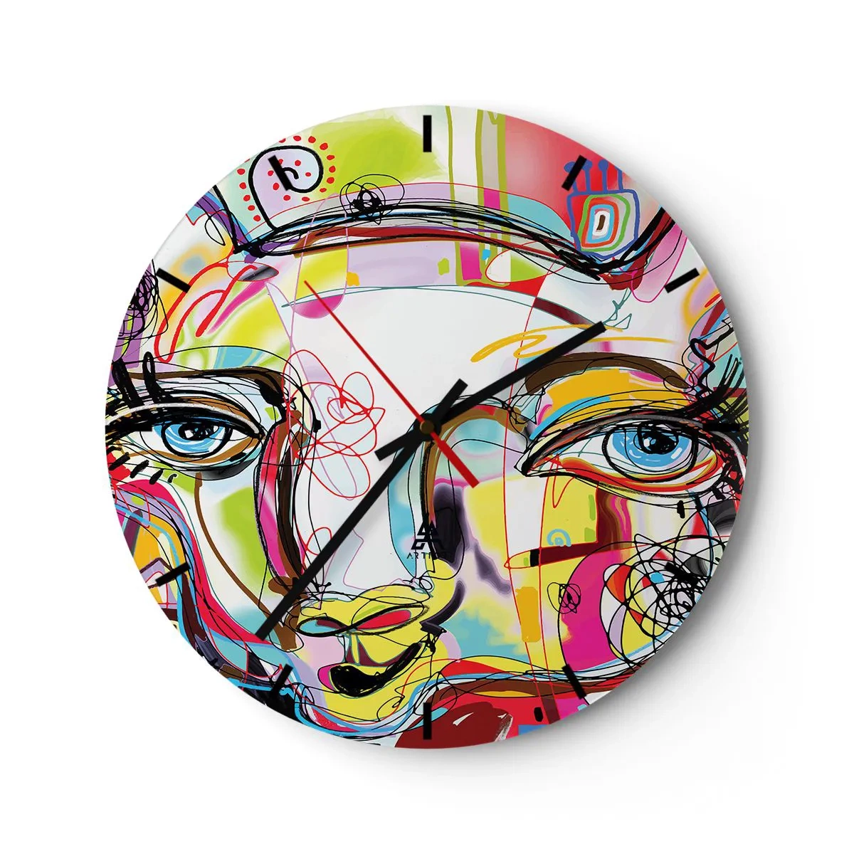 Relógio de parede - Relógio em vidro - Retrato abstrato colorido com olhos expressivos - 30x30cm - A riqueza da natureza do gato - Decoração de parede moderna para a sala de estar, cozinha e quarto ARTTOR