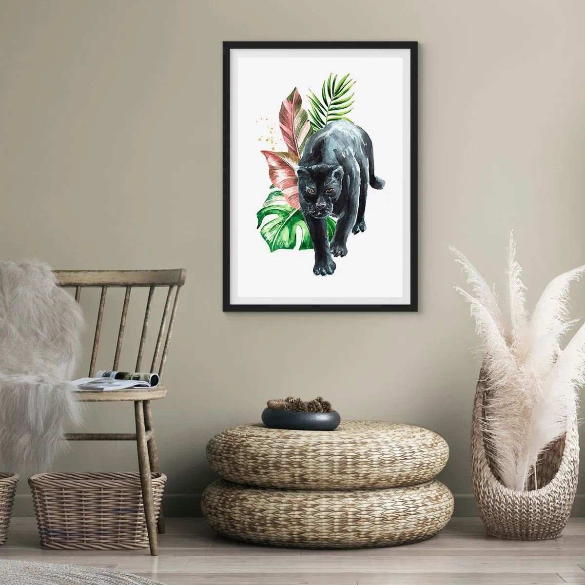 Pôster com moldura preta - Pantera negra contra um fundo de folhas tropicais - 50x70cm - Coração selvagem - Decoração de parede moderna para a sala de estar e quarto ARTTOR