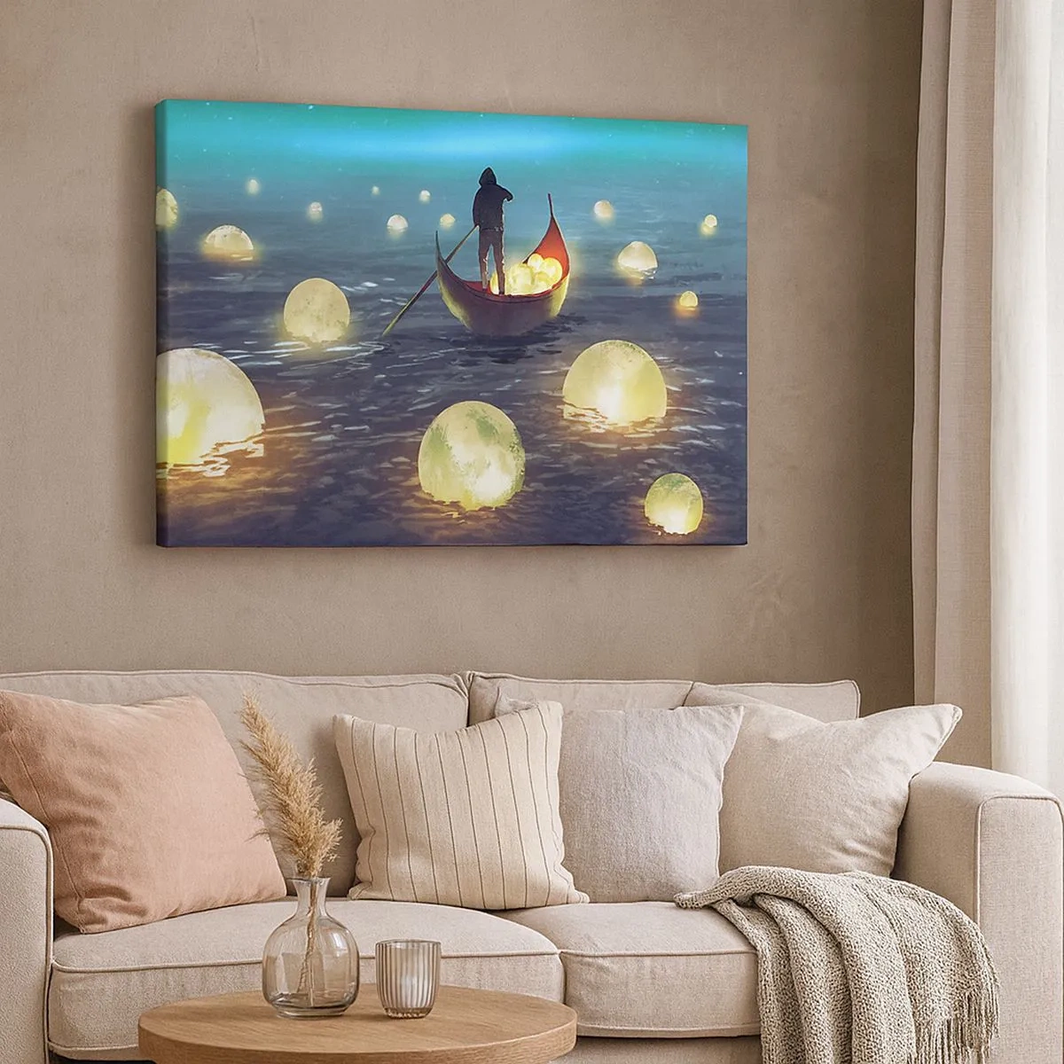 Quadro em tela - Uma figura em um barco cercada por bolas luminosas na água - 70x50cm - Coisas com as quais os filósofos nunca sonharam - Decoração de parede moderna para a sala de estar e quarto ARTTOR