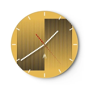 Relógio de parede - Relógio em vidro - Fundo amarelo com linhas verticais pretas criando um efeito geométrico - 30x30cm - Quadratura de opostos - Decoração de parede moderna para a sala de estar, cozinha e quarto ARTTOR