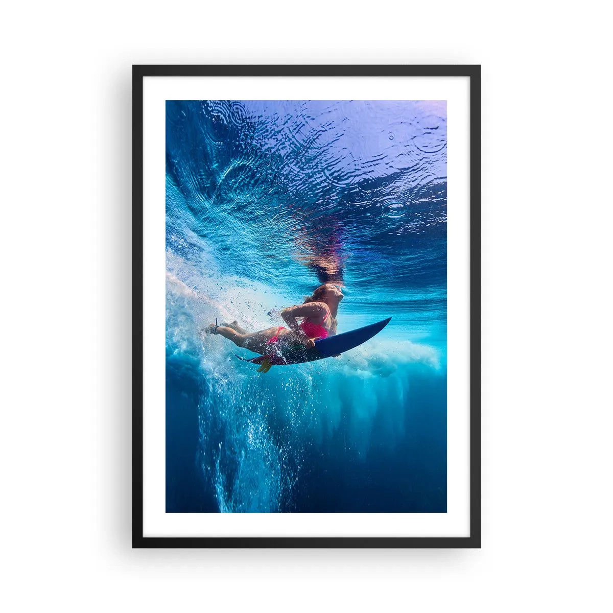 Pôster com moldura preta - Um surfista imerso nas profundezas turquesa do oceano - 50x70cm - Profundidade da alegria - Decoração de parede moderna para a sala de estar e quarto ARTTOR