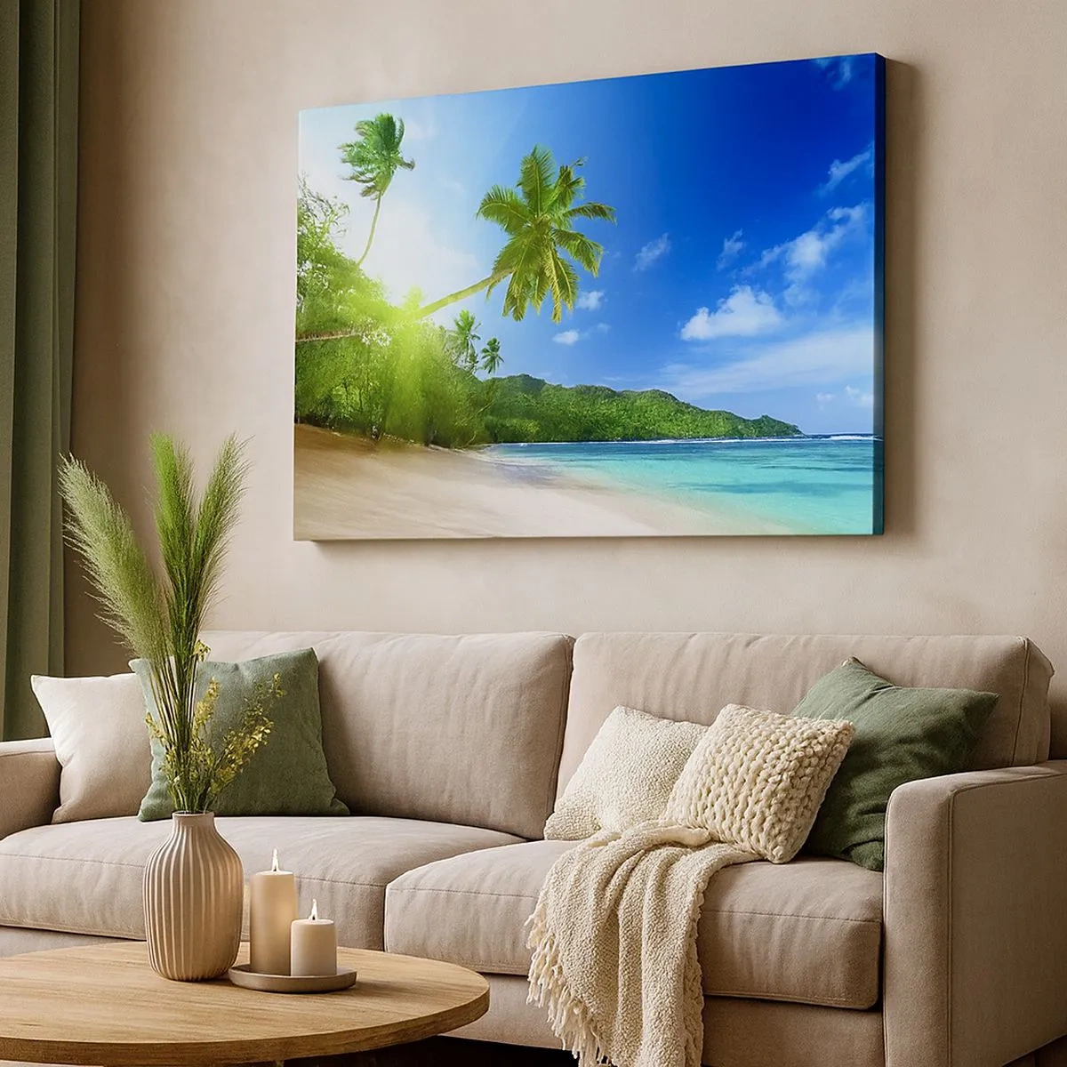 Quadro em tela - Praia tropical com palmeiras e mar azul-turquesa - 70x50cm - Toque suave dos trópicos - Decoração de parede moderna para a sala de estar e quarto ARTTOR