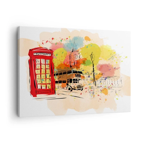 Quadro em tela - Tema de Londres com ônibus vermelho e cabine - 70x50cm - A cidade da variedade - Decoração de parede moderna para a sala de estar e quarto ARTTOR
