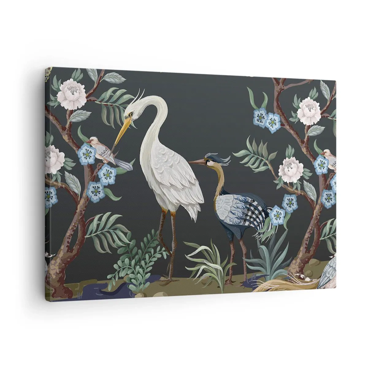 Quadro em tela - Pássaros e plantas pintados em um fundo escuro com um padrão elegante - 70x50cm - Desfile de pássaros - Decoração de parede moderna para a sala de estar e quarto ARTTOR