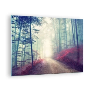 Quadro em vidro - Estrada florestal no nevoeiro com detalhes em vermelho - 70x50cm - Como é bom acordar cedo - Decoração de parede moderna para a sala de estar e quarto ARTTOR