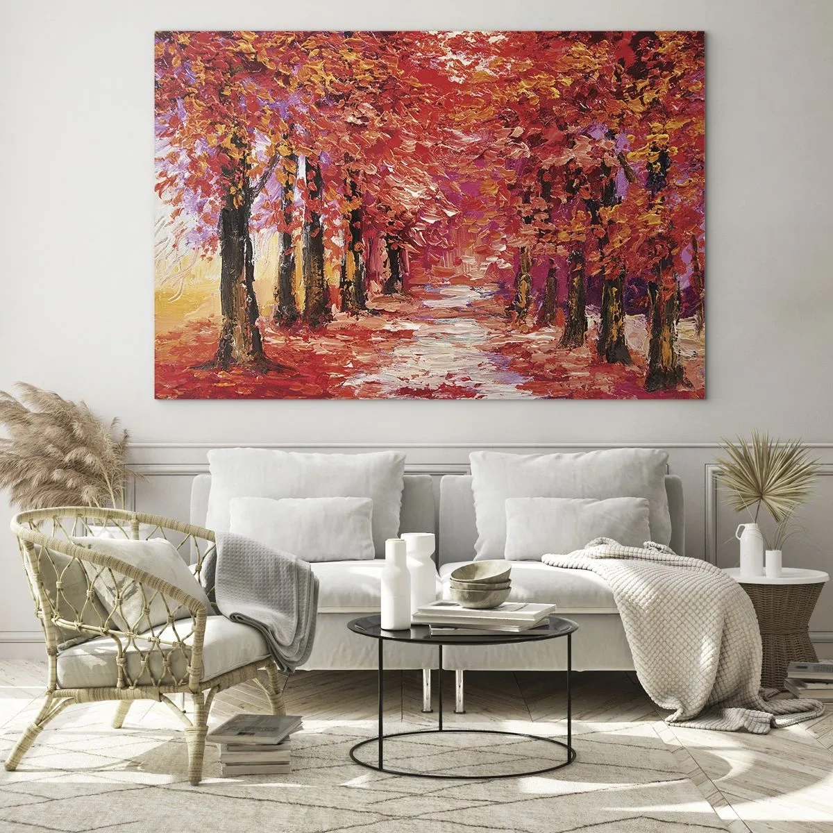 Quadro em vidro - Um beco pitoresco com cores outonais repletas de tons quentes - 70x50cm - Impressão de outono - Decoração de parede moderna para a sala de estar e quarto ARTTOR