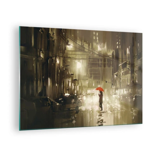 Quadro em vidro - Pessoa com guarda-chuva vermelho na luz chuvosa da cidade à noite - 70x50cm - Sozinha, mas não solitária - Decoração de parede moderna para a sala de estar e quarto ARTTOR