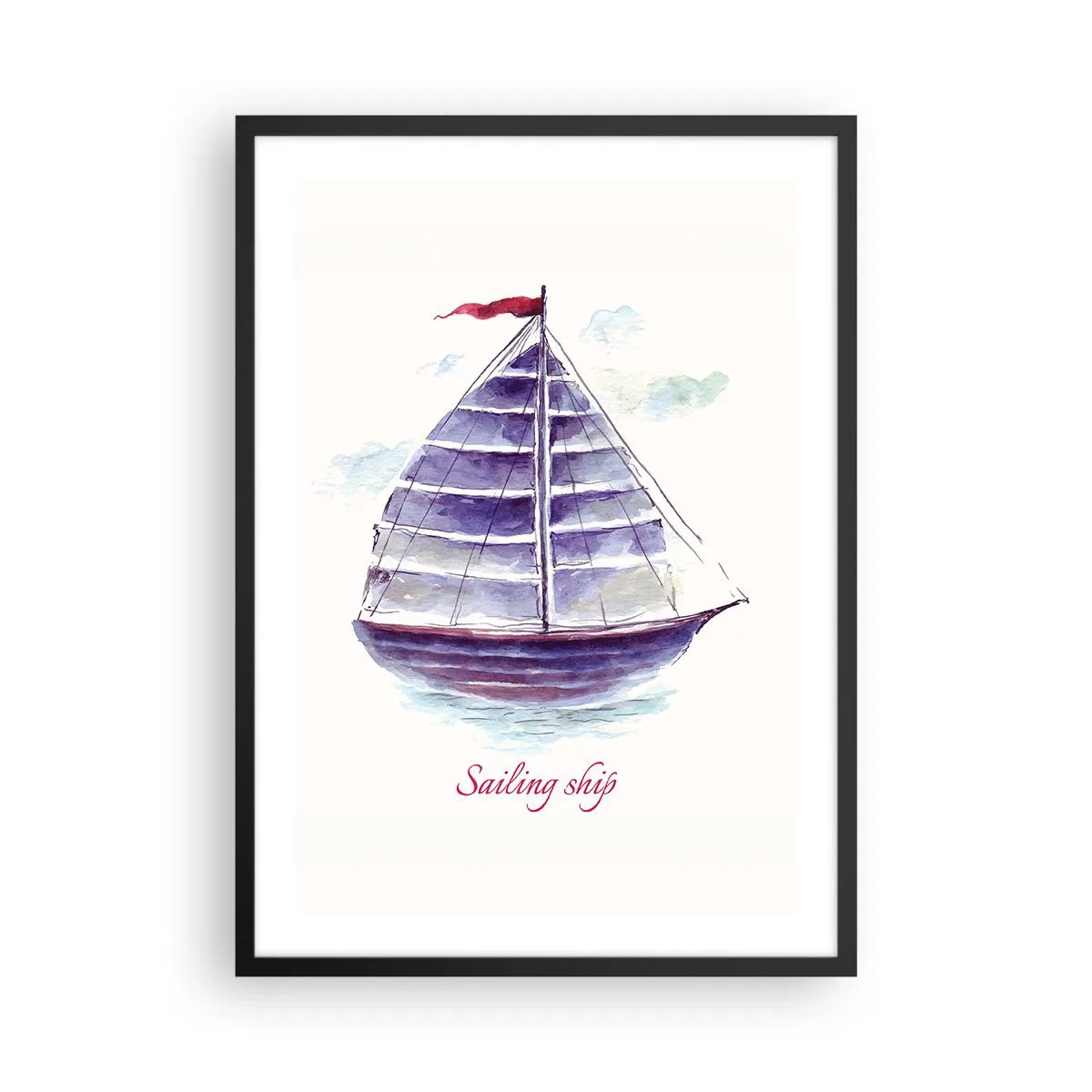 Pôster com moldura preta - Ilustração em aquarela de um veleiro em águas calmas - 50x70cm - Cheio de velas e águas calmas - Decoração de parede moderna para a sala de estar e quarto ARTTOR