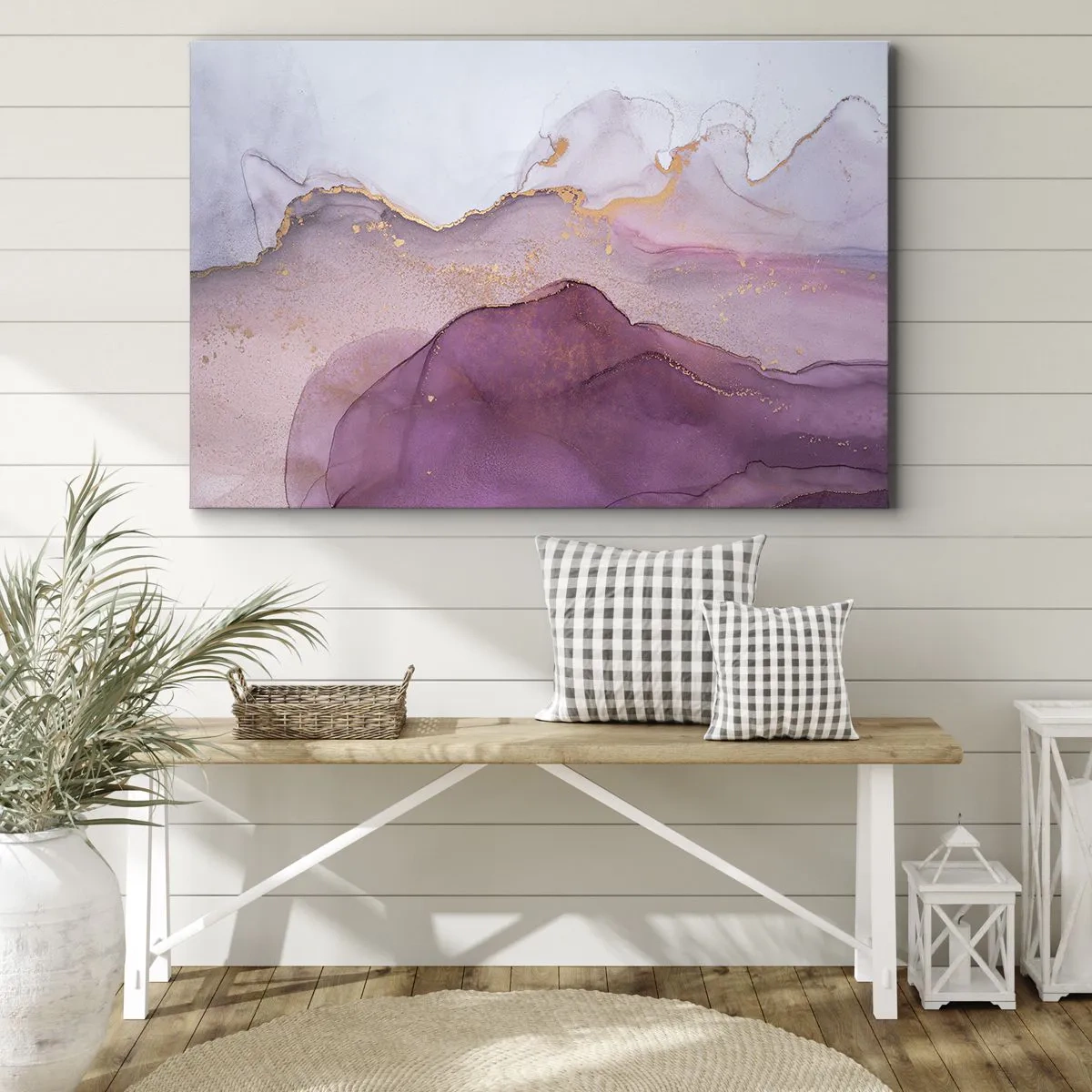 Quadro em tela - Uma composição abstrata em tons de roxo e dourado. - 70x50cm - Ondas de lilás e roxo - Decoração de parede moderna para a sala de estar e quarto ARTTOR