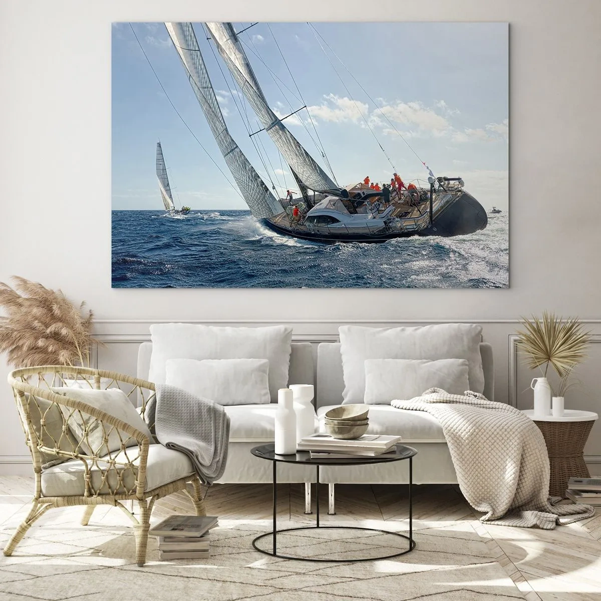Quadro em vidro - Iates de corrida em mar aberto com o vento em suas velas - 70x50cm - Que vença o melhor - Decoração de parede moderna para a sala de estar e quarto ARTTOR