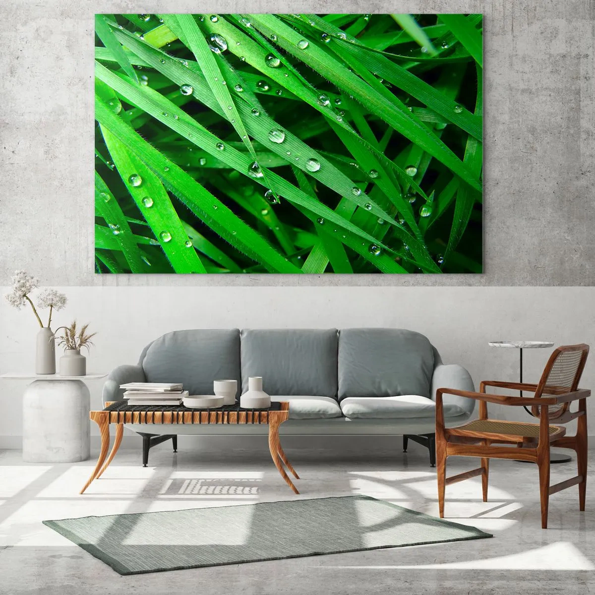 Quadro em vidro - Folhas verdes de grama com gotas de orvalho - 70x50cm - Jogue no verde - Decoração de parede moderna para a sala de estar e quarto ARTTOR