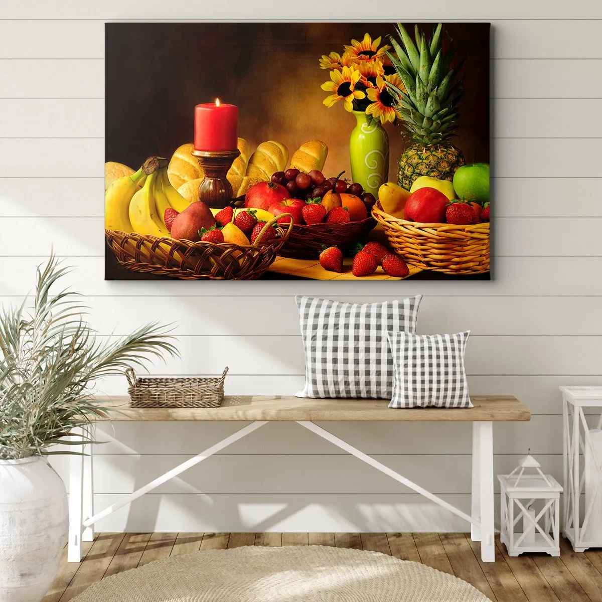 Quadro em tela - Natureza morta com frutas, pão, vela e flores - 70x50cm - Natureza morta com pão e fruta - Decoração de parede moderna para a sala de estar e quarto ARTTOR