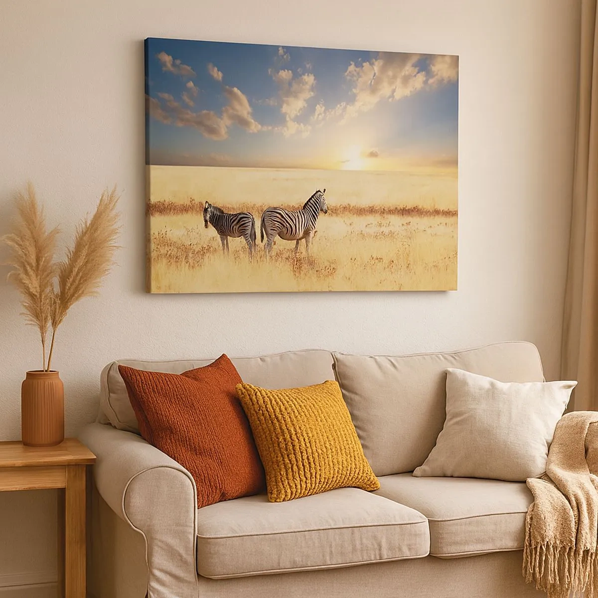 Quadro em tela - Duas zebras na savana sob os raios do sol poente - 70x50cm - Vá embora, não perturbe - Decoração de parede moderna para a sala de estar e quarto ARTTOR