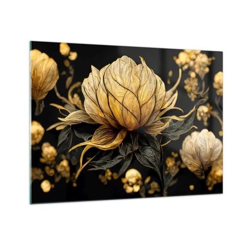 Quadro em vidro - Flores douradas sobre fundo preto em uma composição elegante - 70x50cm - Fragilidade sutil - Decoração de parede moderna para a sala de estar e quarto ARTTOR