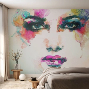 Papel de Parede Premium Sand - Retrato pintado com o arco-íris - Abstração, Rosto de mulher, Pedaço - 300x210 cm