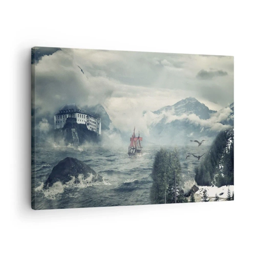 Quadro em tela - Uma paisagem misteriosa com um castelo, montanhas e um navio - 70x50cm - Nas águas mágicas - Decoração de parede moderna para a sala de estar e quarto ARTTOR