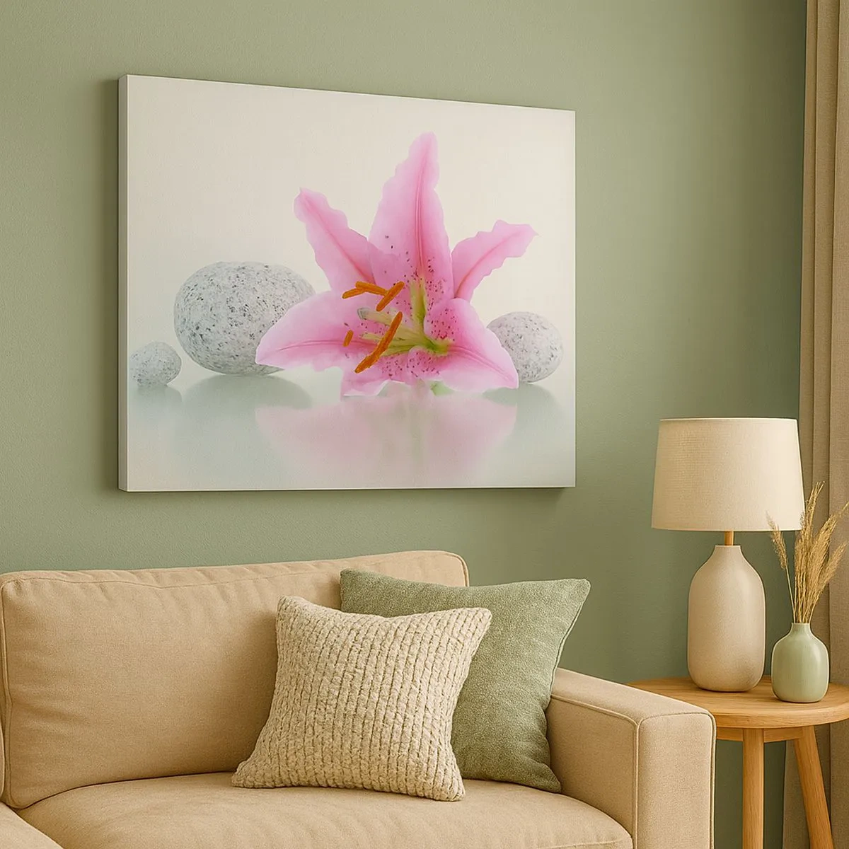 Quadro em tela - Flor de lírio rosa com pedras em um fundo claro - 70x50cm - Estudo em rosa, cinza e branco - Decoração de parede moderna para a sala de estar e quarto ARTTOR